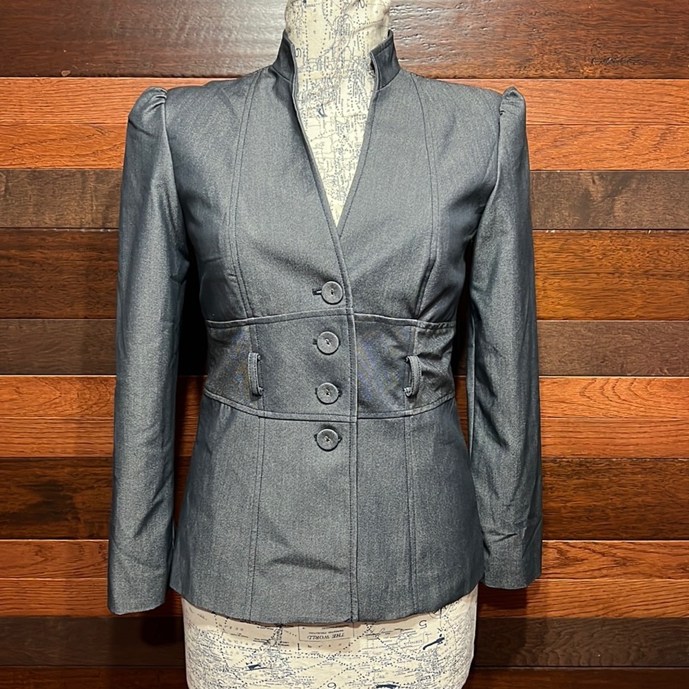 Signature by Larry Levine Mandarin Collar V Neck Long Sleeve Blazer